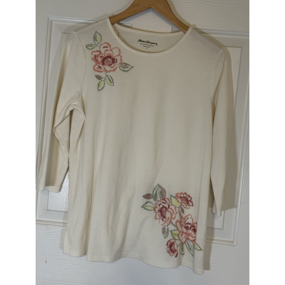 Norm Thompson Woman's M Cottage Pink Cream Floral 3/4 Sleeve Top  Spring Casual